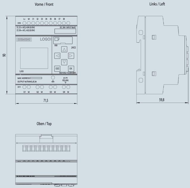 LOGO! 24CE, logic module, display PS/I/O: 24 V/24 V/24 V trans., 8 DI (4 AI)/4 DQ 6ED1052-1CC08-0BA1