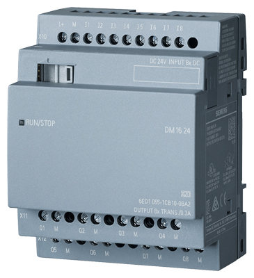 LOGO! DM16 24 expansion module, PS/I/O: 24 V DC/24 V DC/trans., 8 DI/8 DO, 4 MW 6ED1055-1CB10-0BA2